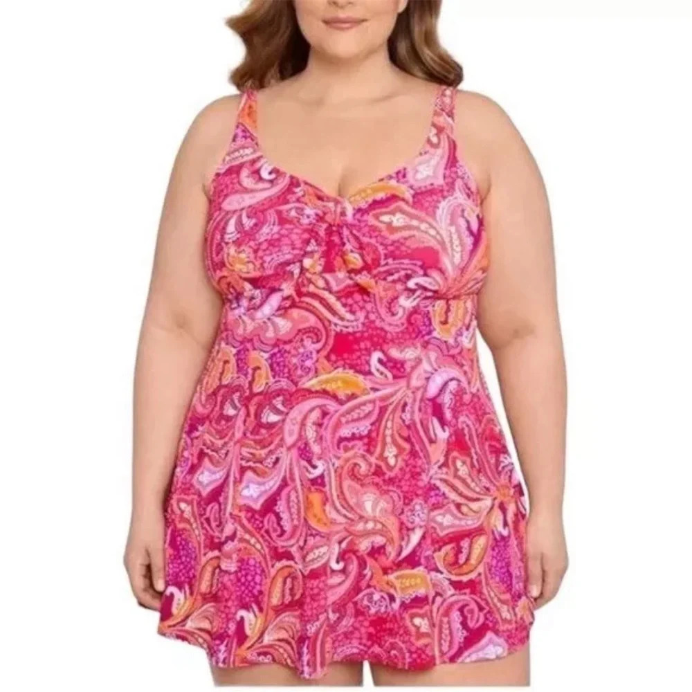 SWIM SOLUTIONS Tummy Control Bow Front Swim Dress Swimsuit Pink Size 8